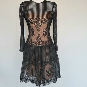 VICTOR COSTA Vintage Black Tan Lace 1980s Long Sleeve Corset Midi Dress Sz 8